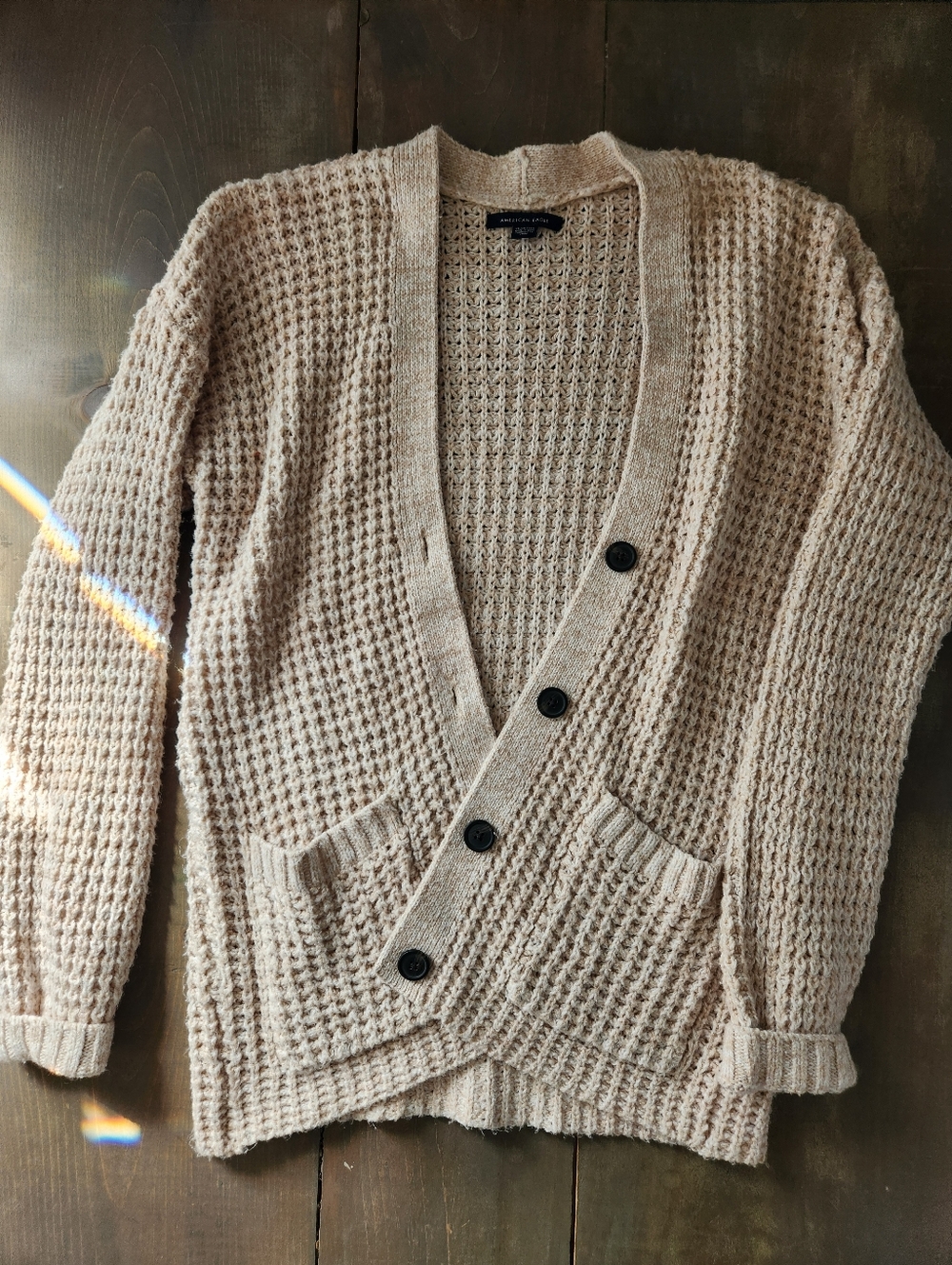 American Eagle Beige Waffle Knit Cardigan Sweater - Size XS - Picture 2 of 9